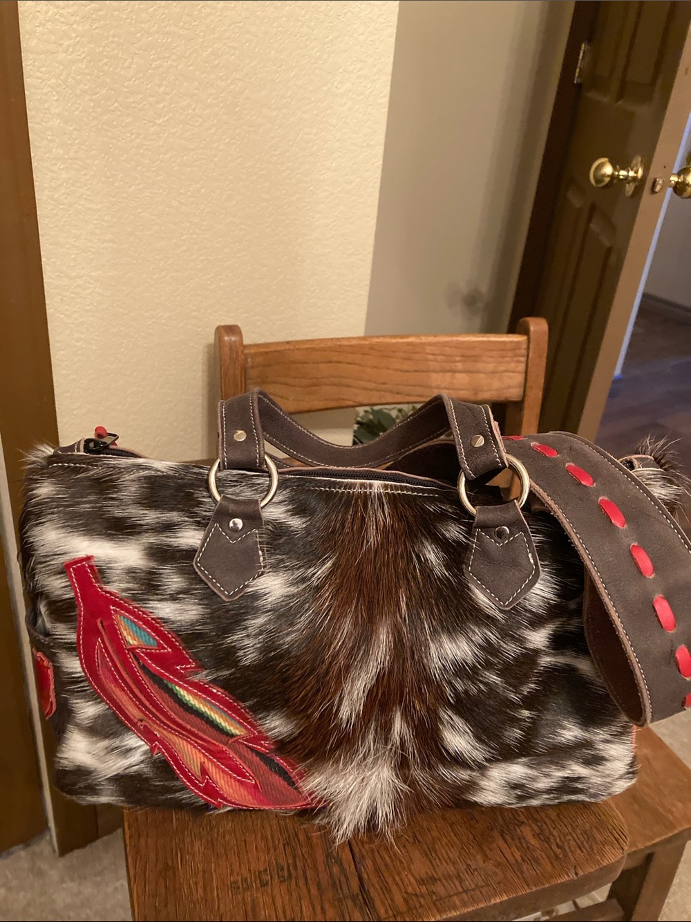 Crimson Willow Lil’ Runaway Tote Hair on Hide/Leather with Serape Feather EUC